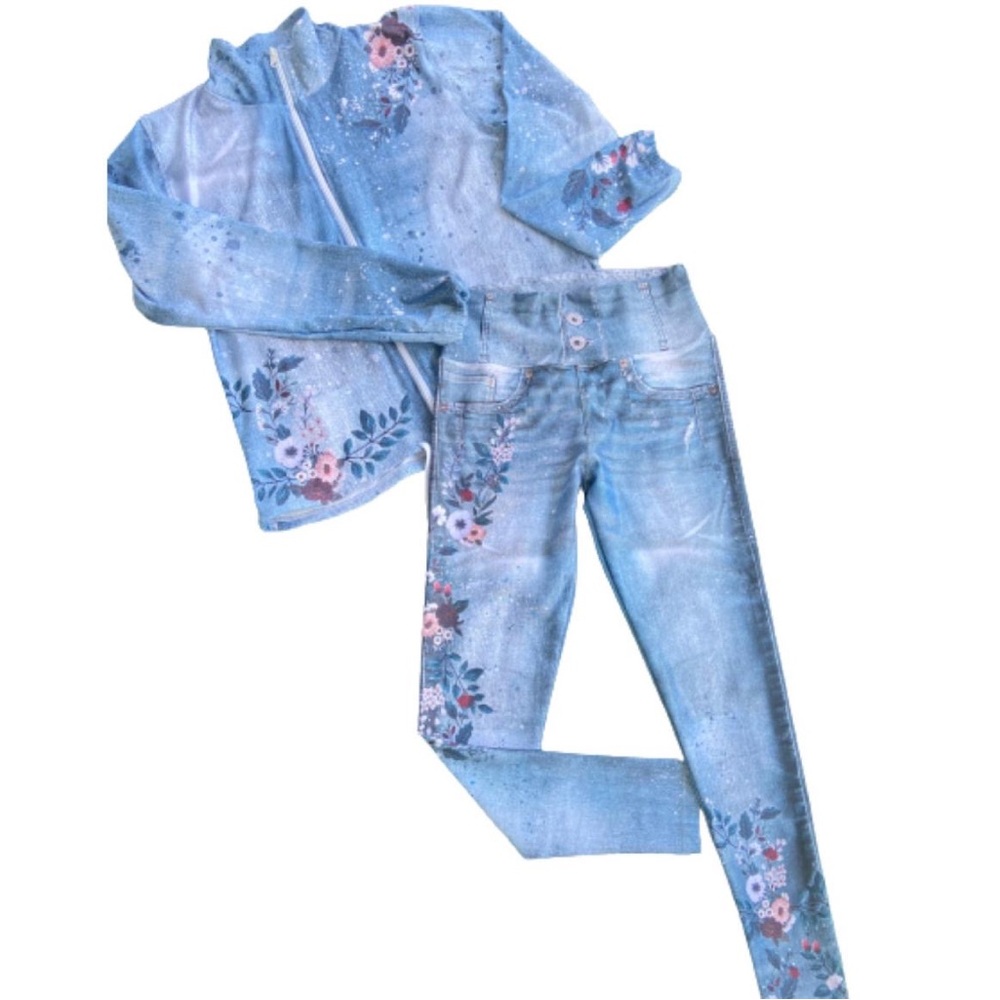 Women’s Sport Set – 2-Piece Jacket & Leggings | Denim & Floral Print | One Size